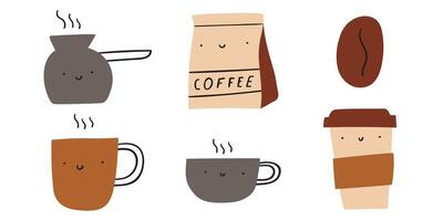 Collection of cute coffee characters. Hand drawn illustration. Isolated icons. Flat design on white background. vector