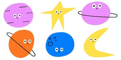 Set of colorful cute planets. Kids design. Funny illustration. Doodle, hand drawn, sticker design. Children characters. elements on white background. vector