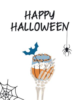 Flat cartoon illustration of Halloween party invitation, greeting card with skeleton hand holding pumpkin cocktail, bat decoration, spider and web. Holiday banner, spooky drink, celebration