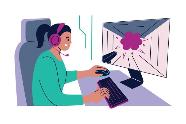 Flat cartoon illustration of female gamer playing shooter game at desk with monitor, headphones, gaming chair, mouse and keyboard. Esports, streaming, online gaming, digital entertainment