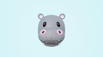 Adorable 3D cartoon hippopotamus head, rendered in a cute, minimalist style, soft pastel blue background. Ideal for children designs video