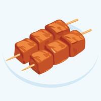 Delicious Appetizing Grilled Meat Cubes on Wooden Skewers Served on a Plate, a Tempting Culinary Delight vector