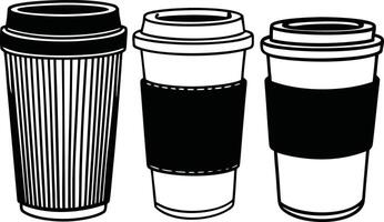 Disposable Coffee Cup Illustrations in Black and White with Sleeves vector