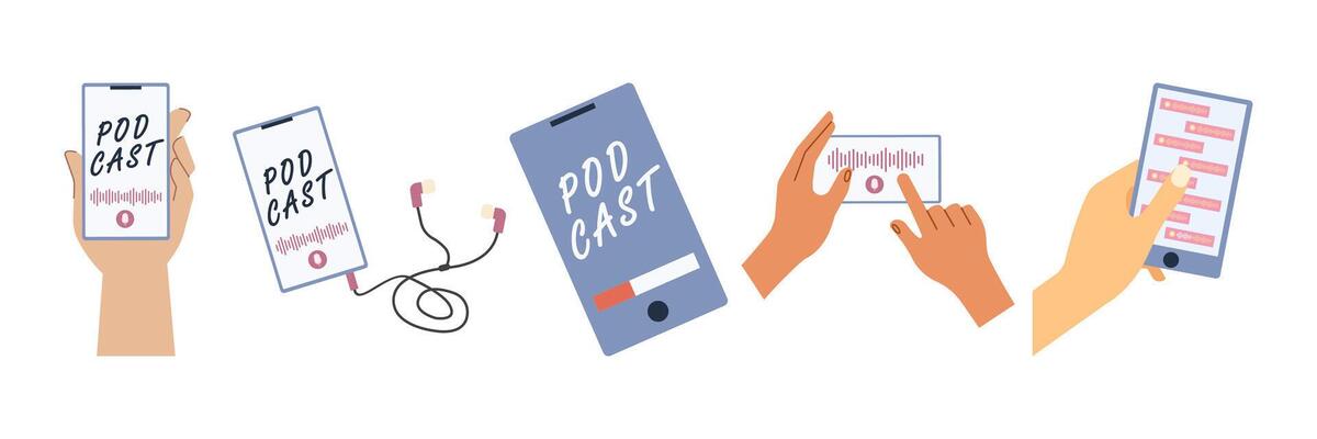 Flat illustrations of podcasting tools, voice recording, and audio streaming elements. Podcast Items Set