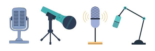 Flat illustrations podcasting tools, voice recording and audio streaming elements. Podcast Items Set. vector