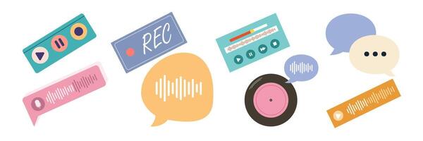 Flat illustrations of podcasting tools, voice recording and audio streaming elements. Podcast Items Set. vector