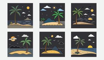 Tropical Sandy Beach Coastline Seaside Ocean Horizon Waves Palm Trees and Sunset Landscape Illustration Set vector