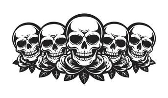 Five Human Skulls Horizontally Arranged in Unique Dark Silhouette Depicting Eerie Mysterious Concept Art vector