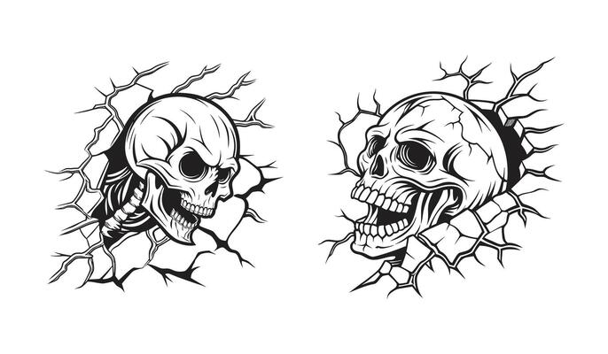 Human Skull Emerging Dramatically Through Cracked Broken Wall with Detailed Silhouette in Dark Mysterious Style