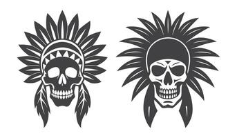 Human Skull in Native American Inspired War Bonnet Wearing Feathered Headdress Silhouette Illustration vector