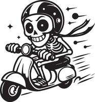 funny face of skeleton riding a scooter vector