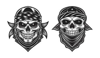 Monochrome Skull Wearing Patterned Bandana on Head in Silhouette Style with Bold Striking Design vector