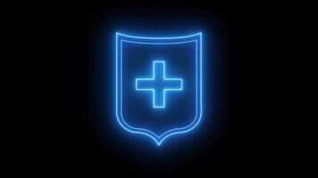 A neon blue cross on a shield with a black background video