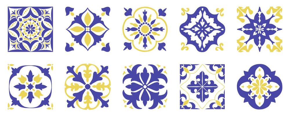 Set of Mediterranean ornament and tile patterns. Blue yellow Italian glazed pottery. Spanish or Portuguese brush painted ceramic ornament. hand drawn Mediterranean classic floral decor.