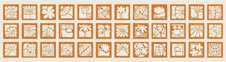 A collection of abstract floral stencil designs in square frames. Hand-drawn botanical patterns with modern, organic, and minimalist style. Perfect for decoration, laser cutting, and craft projects. vector