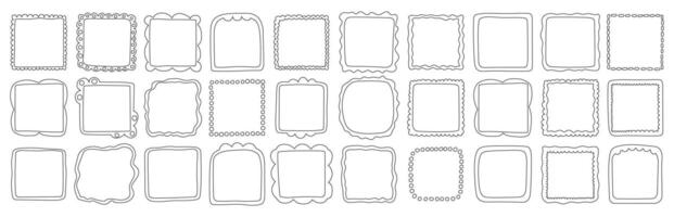 A collection of hand-drawn square frames in black outline style. Minimalist and doodle decorative borders for scrapbooking, invitations, cards, posters, photo albums, and creative design projects. vector