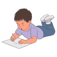 The child is drawing while lying on his stomach Illustration Cartoon vector