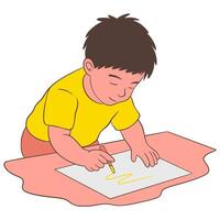 The child is drawing on illustration paper vector