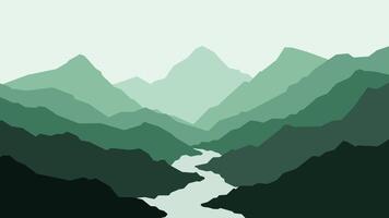 Landscape of a river in mountains scenery. Panoramic view of mountain range with a river flowing through it.Scenic landscape with river winding between majestic mountain range vector