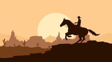 Landscape of a cowboy riding a horse in the desert scenery. Panoramic view of wild west desert with cowboy on horseback during sunset.Scenic canyon with butte and cacti vector