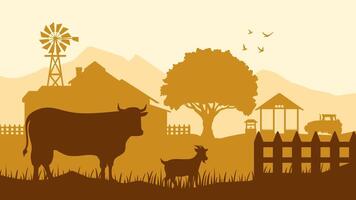 Landscape of farmland with livestock in a countryside scenery. Panoramic view of rural farm with cow and goat in pasture.Scenic countryside building with farmhouse and windmill vector