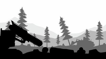 Landscape silhouette of illegal logging in a pine forest. Panoramic view of deforestation with bulldozer and forestry truck. Scenic coniferous forest with illegal tree cutting activity vector