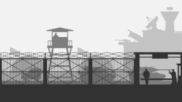 Landscape silhouette of military base scenery. Panoramic view of headquarter with military building and hangar.Scenic military bunker with tank and watchtower vector