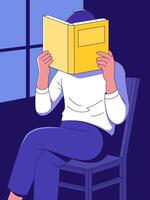 A person fully immersed in the captivating embrace of a book, showcasing the quiet joy and solitude found within the pages, emphasizing focus and attention. vector