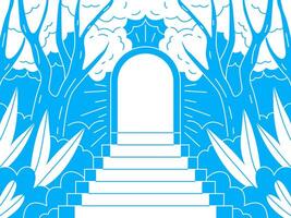 An illustration of a grand archway, standing at the top of a staircase leading into an unknown dimension. Illustrative archway with trees on both sides and a glimpse of fluffy clouds. vector