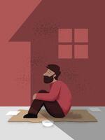 A man in a state of poverty sitting sadly in front of a red house, symbolizing a homeless man seeking shelter, captures the silent struggle. vector
