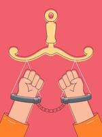 An illustration of justice concept showing handcuff hands under scale on pink background. The scene depicts the struggle for justice. vector