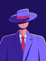 A mysterious man in a stylish suit and hat, exuding an air of enigmatic and unknown. Perfectly tailored illustration of a modern man, full of curiosity and sophistication. vector