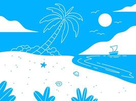 A minimalist illustration captures the essence of a tropical beach scene, with a leaning palm tree, gentle waves, and a sailboat under the radiant sun. vector