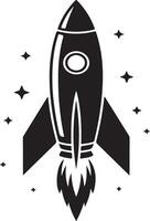 Retro rocket ship launching through stars silhouette vector
