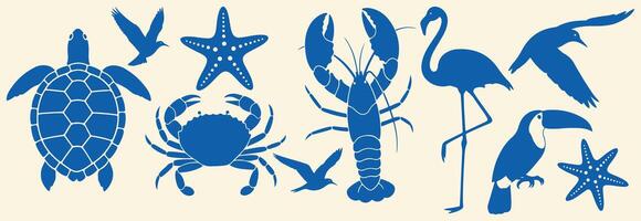 Tropical marine animal and bird silhouette set in bold blue featuring turtle crab lobster starfish flamingo toucan and seagulls for summer beach and ocean themes vector