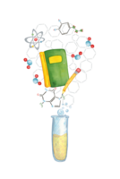 Blank for a postcard - a test tube and a book, chemical formulas fly out of it. Watercolor illustration drawn by hand, cartoon. Drawing for a sticker, poster. science, school, laboratory, biology png