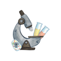 Microscope, two flasks with colored liquid and a cell stand next to each other. Watercolor illustration hand drawn, cartoon. Drawing for stickers, cards, invitations, scrapbooking. science, school png