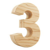 A Realistic 3D Wooden Number or Digit three with a Natural Wood Texture, A Wooden Font Character of the Number 3 for Educational Use. Cut Out, Clipping Path Isolated on Transparent Background. png