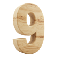 A Realistic 3D Wooden Number or Digit Nine with a Natural Wood Texture, A Wooden Font Character of the Number 9 for Educational Use. Cut Out, Clipping Path Isolated on Transparent Background. png