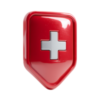 Red shield with white cross medical symbol on transparent background glossy png