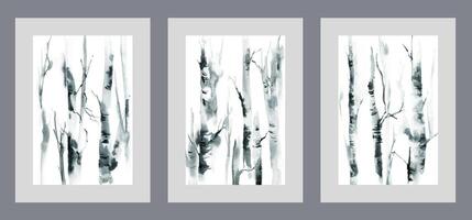 Trunks of birch trees growing in dense thicket of natural park, on watercolor monochrome posters vector