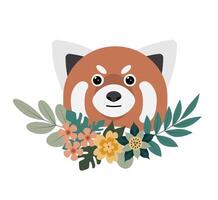 Cute red panda illustration surrounded by colorful flowers and leaves vector