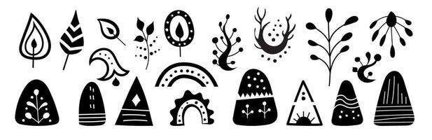 Creative black and white collection of whimsical nature-inspired shapes and patterns vector