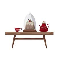 Festive dessert display on wooden table with tea and accessories for a cozy gathering vector