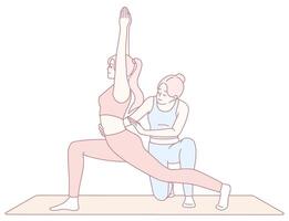 A dedicated Yoga Instructor is assisting a student in their practice of the Warrior Pose vector
