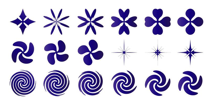 set of abstract geometric shape swirls snowflake logo icons isolated white backgrounds for web design, user interface apps, banner poster element, flyer, brochure catalogue, booklet, year book pages