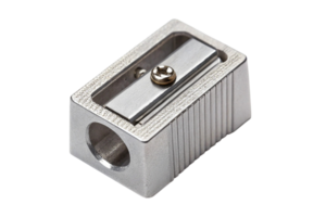 Single hole metal pencil sharpener with a shiny silver finish and screw png