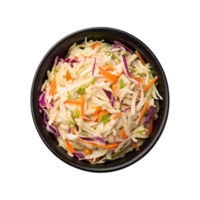Overhead view of creamy coleslaw with carrots and red cabbage in bowl png