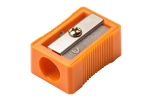Close up of a single hole orange plastic pencil sharpener device png