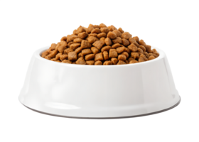 A white pet food bowl filled with a generous portion of dry kibble transparent background png